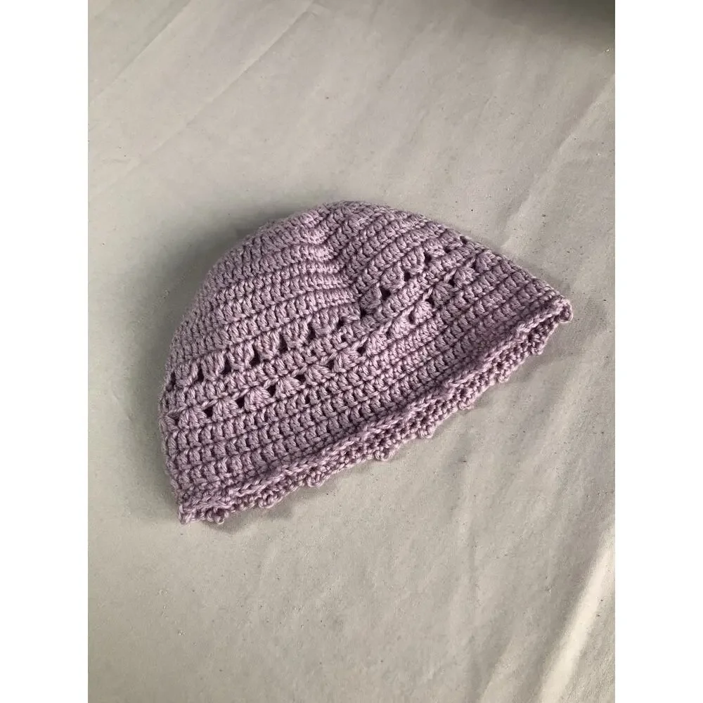 Hand Crocheted Beanie Cap Hat‎ Lavender/Lilac Size Large Handmade Boho Hippie